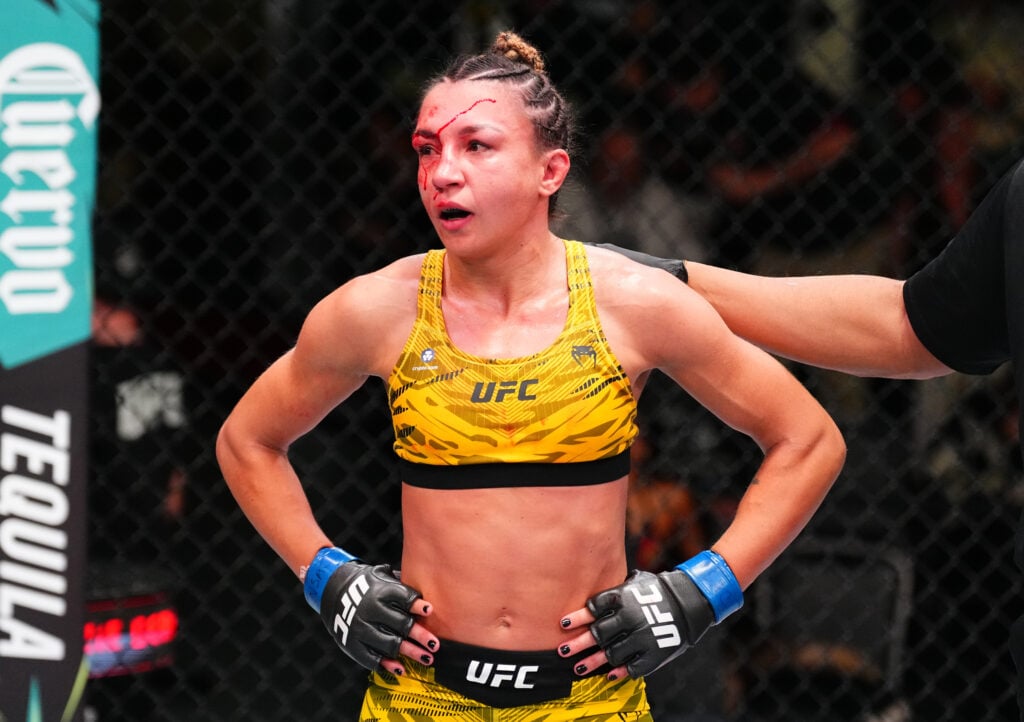 Amanda Ribas reacts to her submission loss to Mackenzie Dern at the UFC Apex