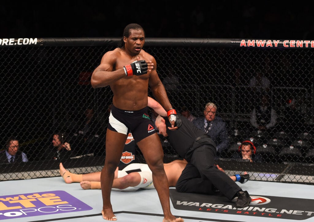 Francis Ngannou celebrates after knocking out Luis Henrique at UFC Orlando.