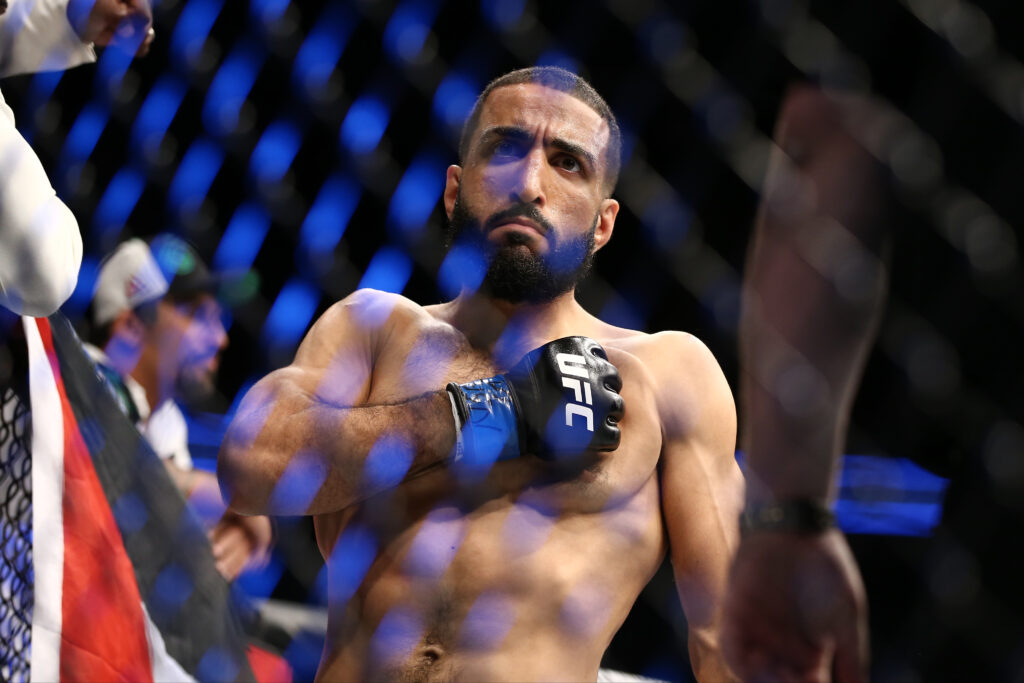 Belal Muhammad enters the cage ahead of his UFC 213 fight with Jordan Mein