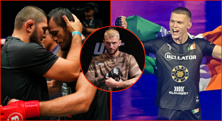 Split image of Dan Hooker at UFC 305, Usman Nurmagomedov and Khabib Nurmagomedov at Bellator Champions Series: San Diego and Paul Hughes at PFL Roa...
