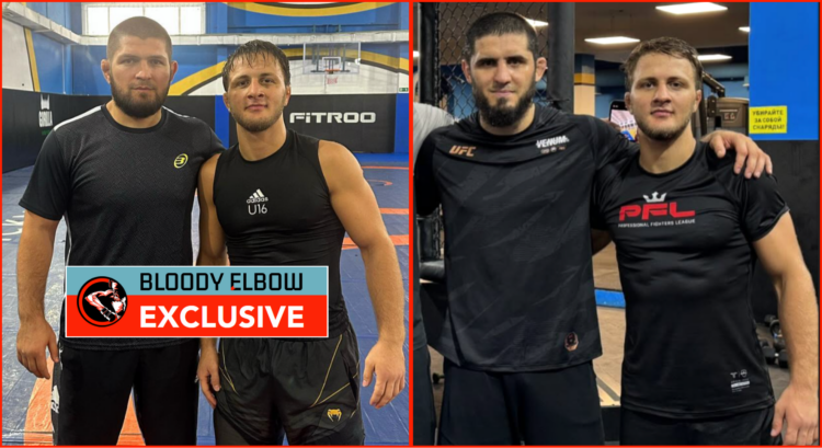 Ibragim Ibragimov with Khabib Nurmagomedov (left) and Islam Makhachev (right). Overlay text reads BLOODY ELBOW EXCLUSIVE