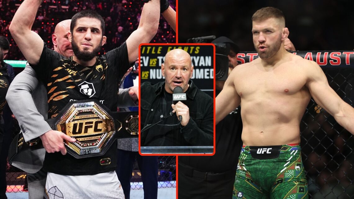 Split image of Islam Makhachev and Dricus Du Plessis. Inset, Dana White.