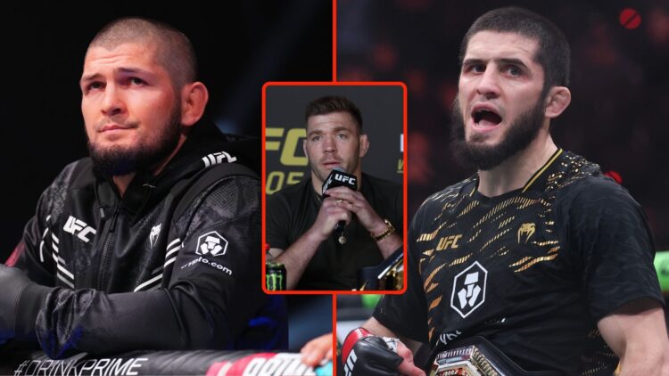 Split image of Khabib Nurmagomedov and Islam Makhachev. Inset, Dricus du Plessis .