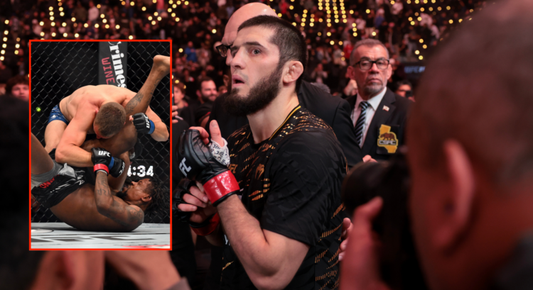 Islam Makhachev (right) following his UFC 311 win and Reinier de Ridder and Kevin Holland (left)