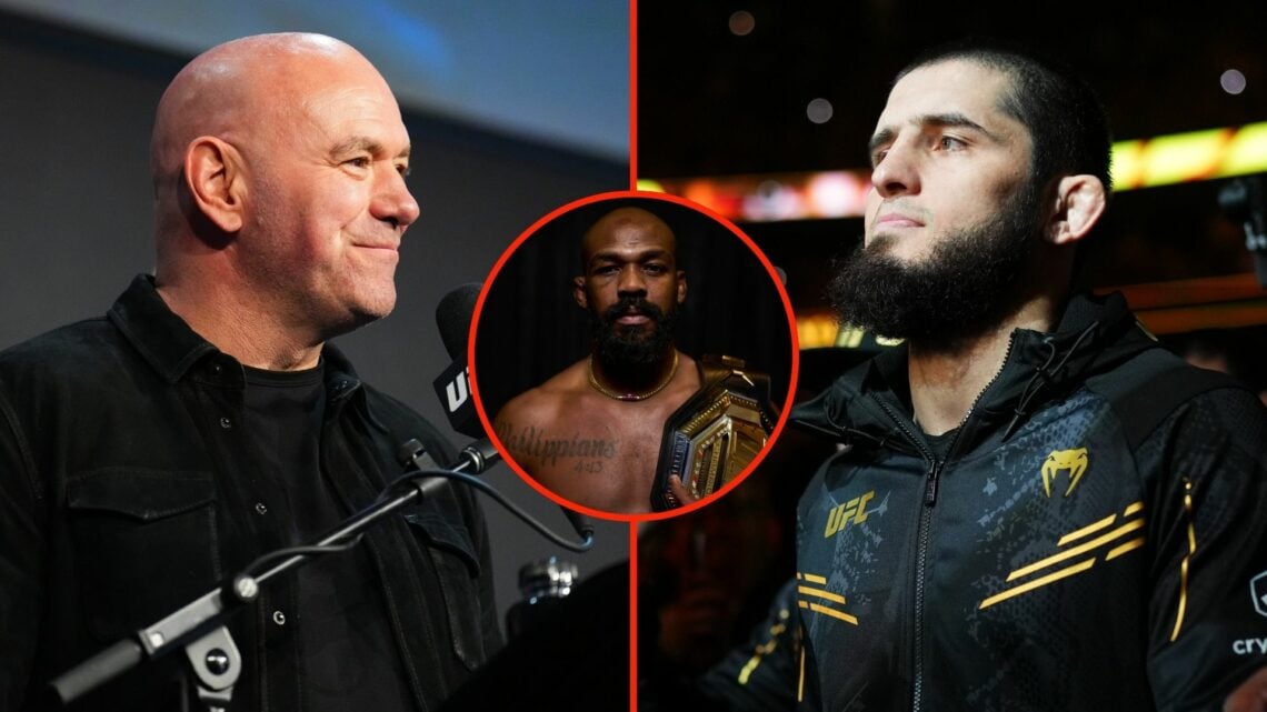 Islam Makhachev and Dana White with Jon Jones inset