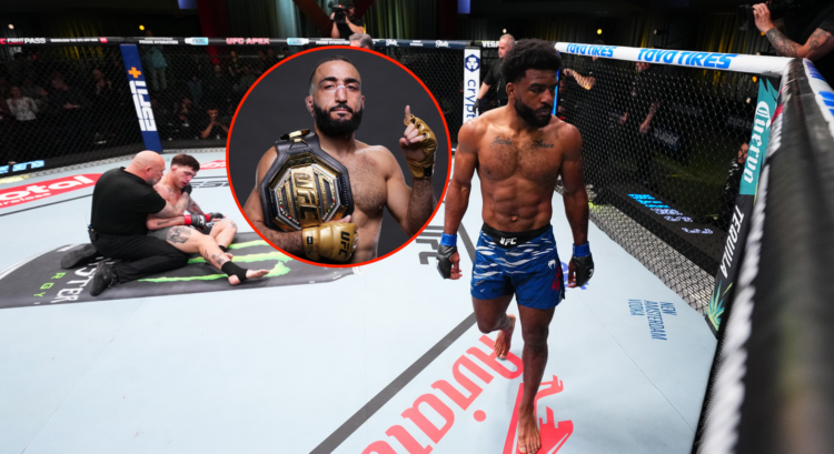 Jaobe Smith after landing his KO at UFC Vegas 101. Bubble shows Belal Muhammad with the UFC belt
