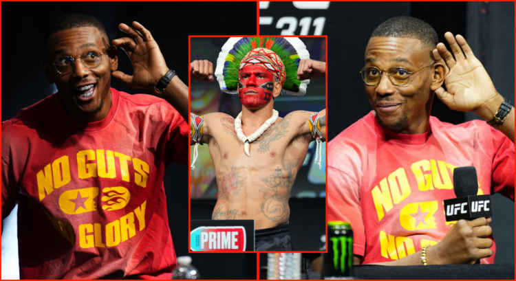Split image of Jamahal Hill at UFC 311 press conference and Alex Pereira at UFC 307 weigh in
