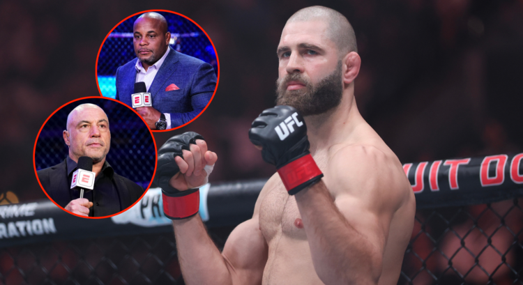 Jiri Prochazka (right) at UFC 311 and Daniel Cormier (top left) and Joe Rogan (bottom left)