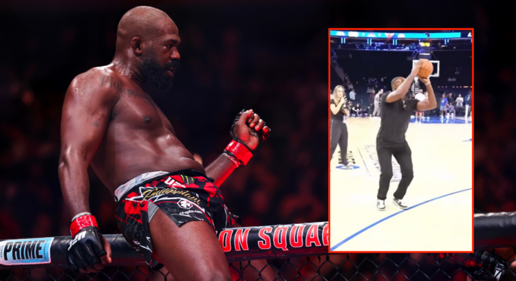 Jon Jones and a pop out image of Jon Jones at a Basketball game