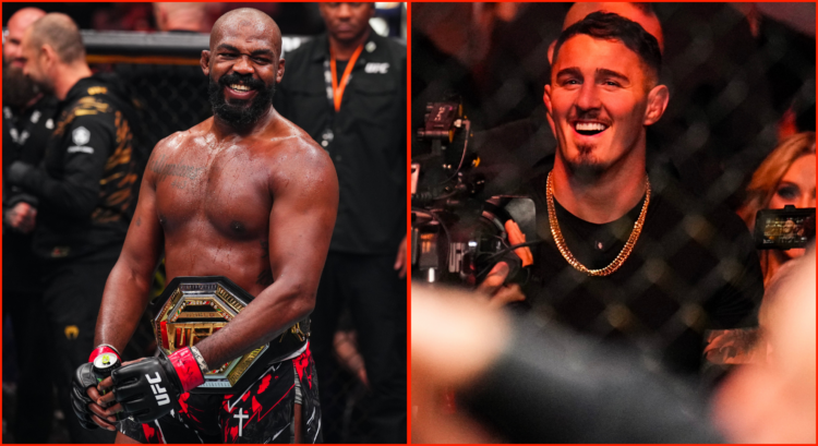 Left:Jon Jones following his UFC 309 win over Stipe Miocic. Right: Tom Aspinall in attendance at UFC 309