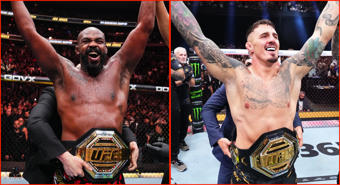 Jon Jones (left) and Tom Aspinall (right) being presented, arms aloft, with their UFC title belts
