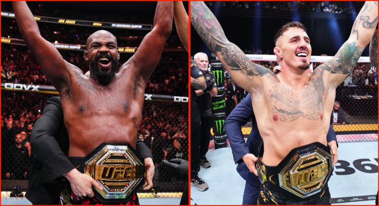 Jon Jones (left) and Tom Aspinall (right) being presented, arms aloft, with their UFC title belts