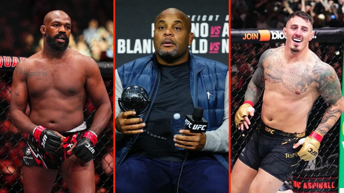 Jon Jones (left), Daniel Cormier (middle) and Tom Aspinall (right)