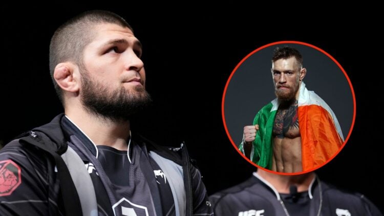 Khabib Nurmagomedov with an inset of Conor McGregor draped in the Irish flag