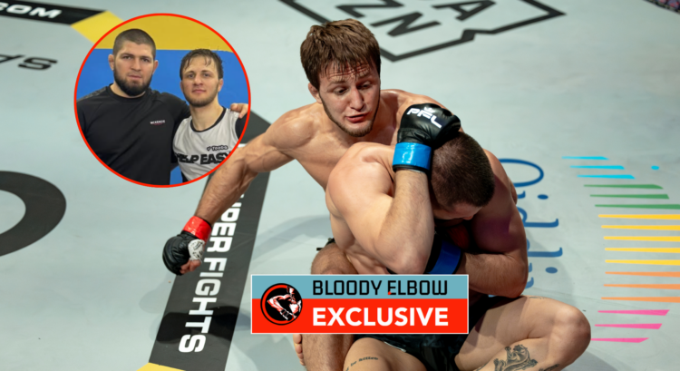 Ibragim Ibragimov during a fight, with a bubble showing Khabib Nurmagomedov. Overlay text reads BLOODY ELBOW EXCLUSIVE