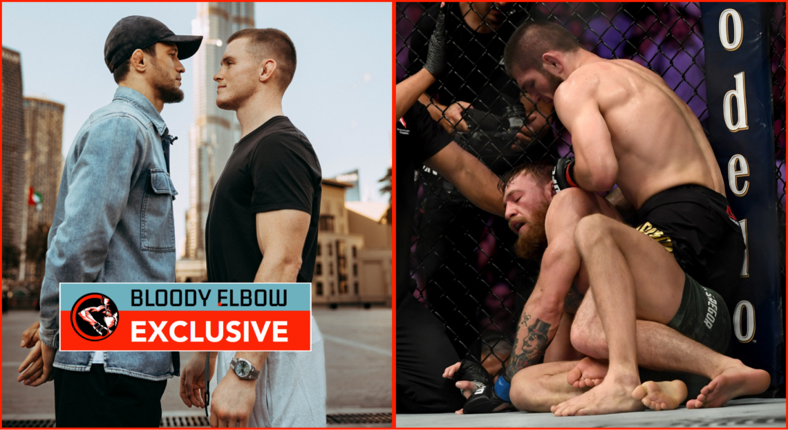 Usman Nurmagomedov and Paul Hughes face-off (left) and Khabib Nurmagomedov choking Conor McGregor (right)