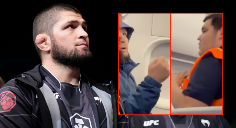 Khabib Nurmagomedov (left) involved in a dispute with flight security (right)