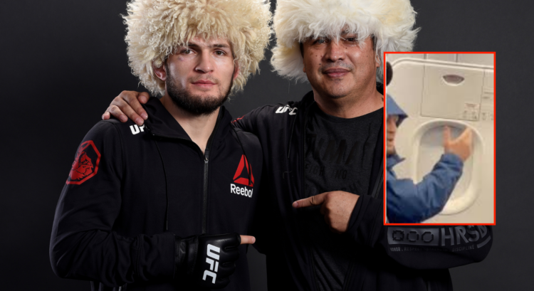 Khabib Nurmagomedov with his coach Javier Mendez and a box showing him on a recent flight