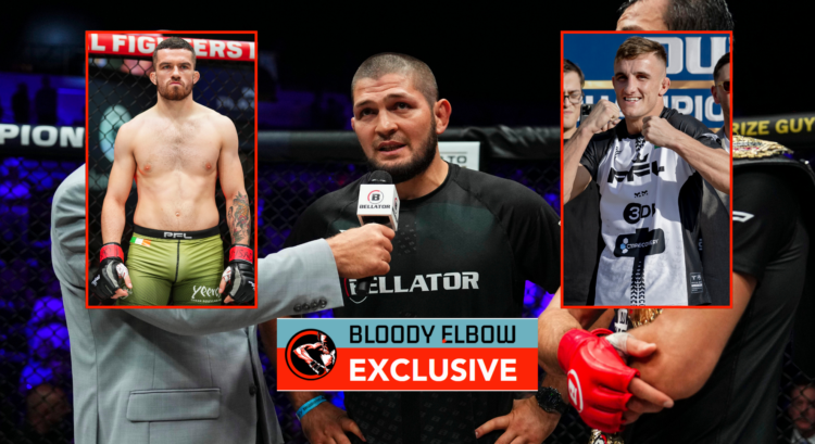 Khabib Nurmagomedov with boxes showing Nathan Kelly and John Mitchell