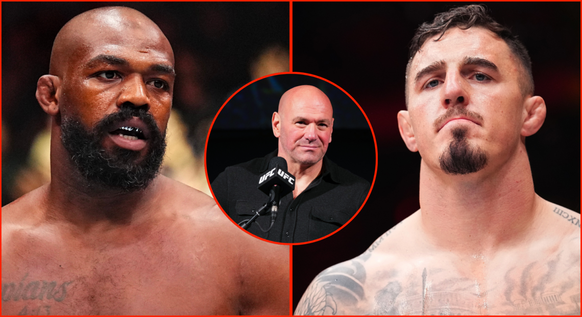 Image of Jon Jones, inset Dana White, and Tom Aspinall