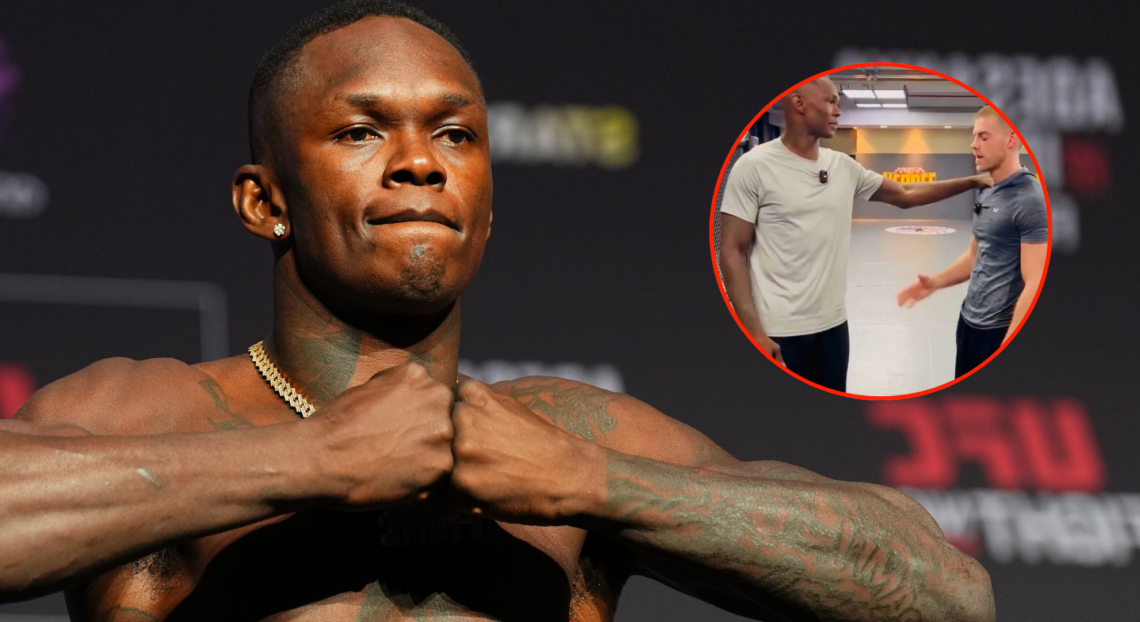 Image of Israel Adesanya, inset of Adesanya and influencer Sam McCarthy