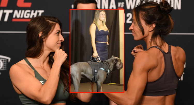 Mackenzie Dern facing off with Amanda Ribas, with a block showing her with her dog