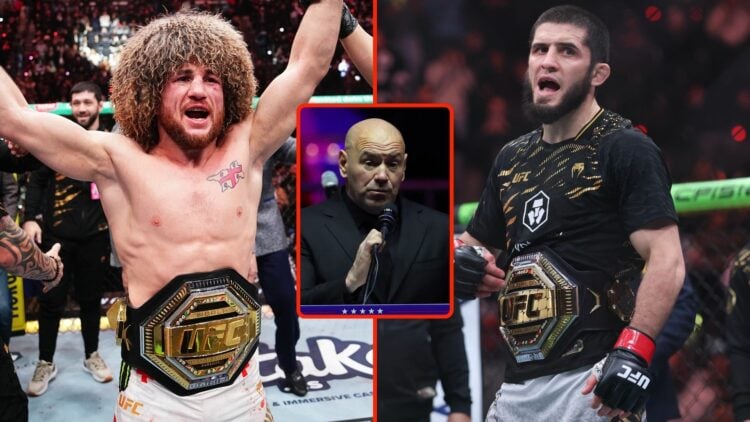 Islam Makhachev and Merab Dvalishvili. Inset, Dana White.