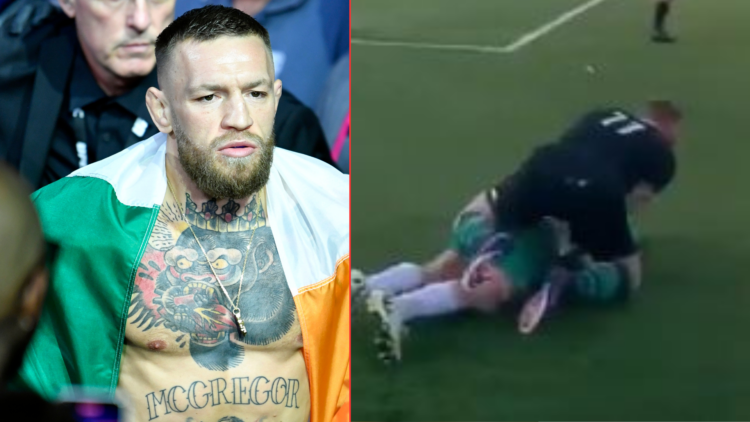 Conor McGregor walking to the octagon and playing soccer