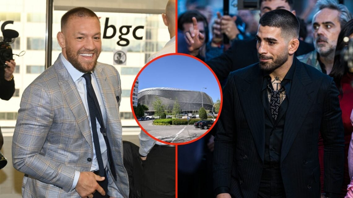Conor McGregor, Ilia Topuria, and Santiago Bernabeu exterior view.