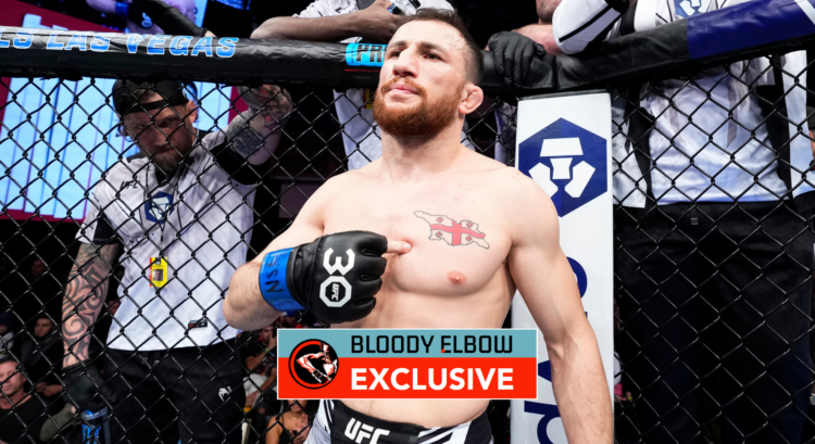 Merab Dvalishvili before a UFC fight with overlay text reading BLOODY ELBOW EXCLUSIVE