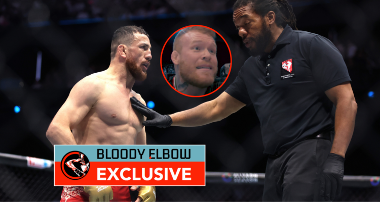 Merab Dvalishvili at UFC 306 with a bubble showing Tim Welch and overlay text that reads BLOODY ELBOW EXCLUSIVE