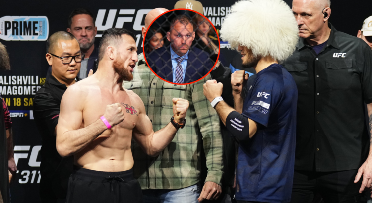 Merab Dvalishvili and Umar Nurmagomedov face off with a bubble showing Chris Leben watching a fight
