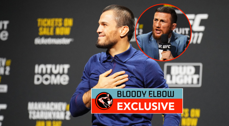 Umar Nurmagomedov with a bubble of Merab Dvalishvili. Overlay text reads BLOODY ELBOW EXCLUSIVE
