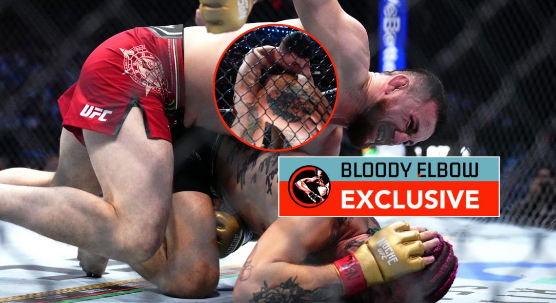 Merab Dvalishvili punching Sean O'Malley, with a bubble showing him kissing O'Malley. Overlay text reads BLOODY ELBOW EXCLUSIVE