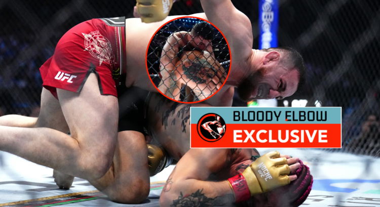 Merab Dvalishvili punching Sean O'Malley, with a bubble showing him kissing O'Malley. Overlay text reads BLOODY ELBOW EXCLUSIVE