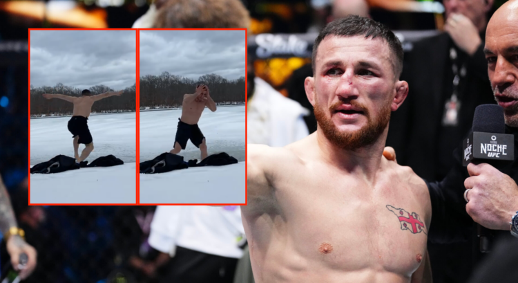 Split image of Merab Dvalishvili at UFC 306 and from his Instagram video posted 3 February 2021