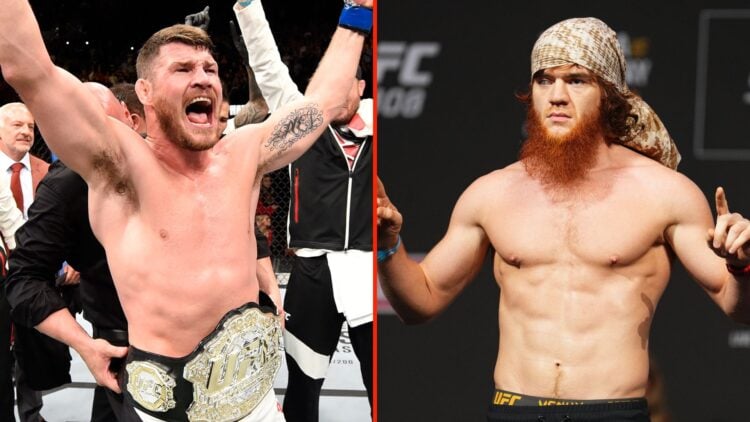 Split image of Michael Bisping celebrating and Shara Magomedov.