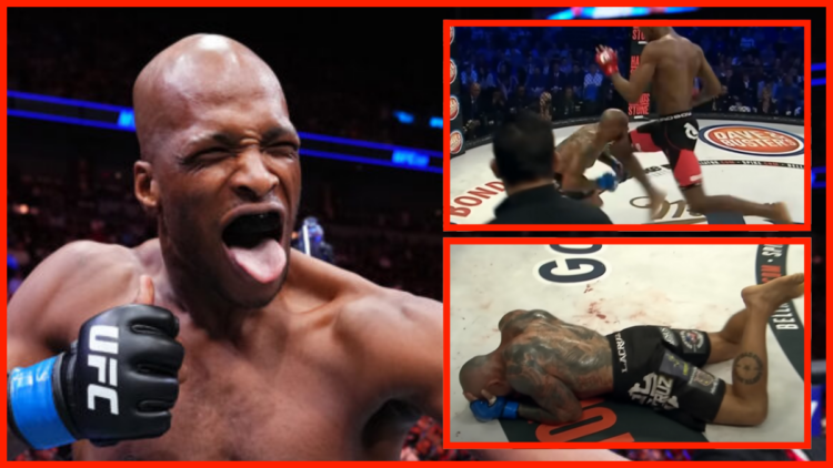 Split image of Michael Page, inset. Page knocking out Cyborg with the knee at Bellator 158