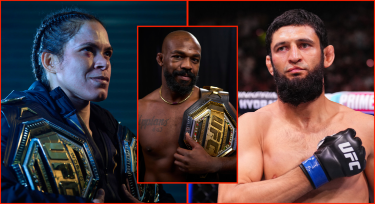 Pop out image of Amanda Nunes, Jon Jones, and Khamzat Chimev.