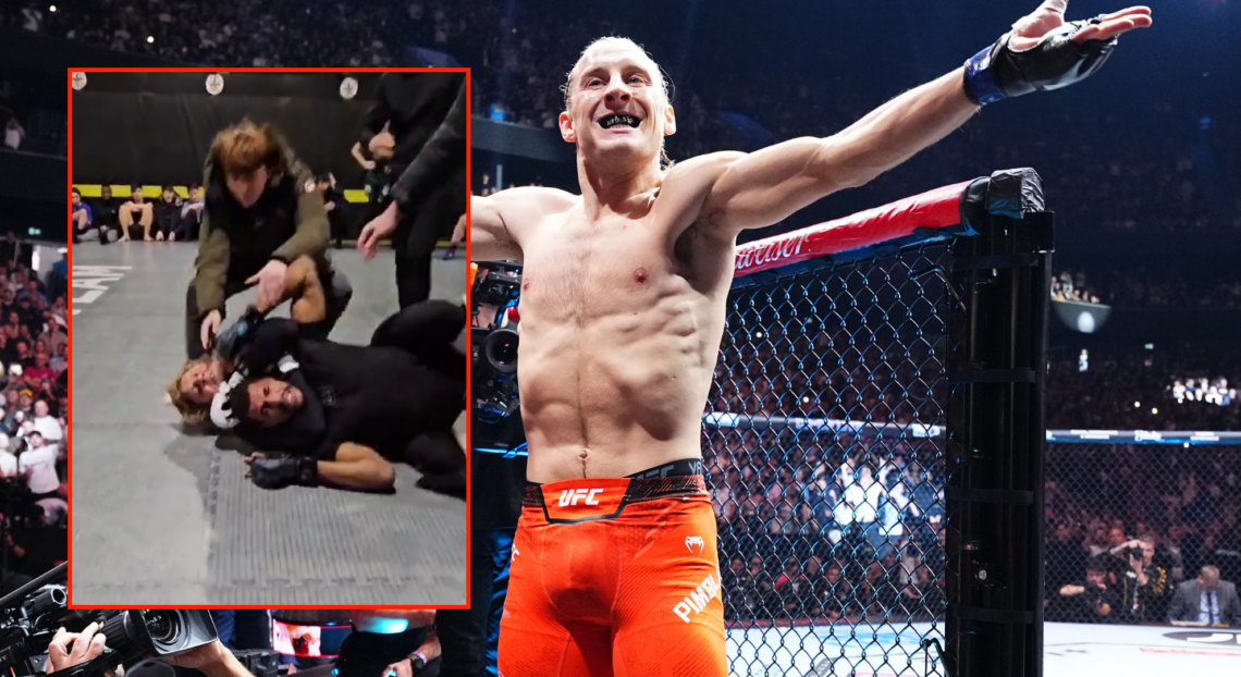 Paddy Pimblett (right) at UFC 304, and Paddy Pimblett and Dennis Frimpong (left)