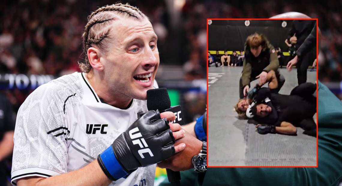 Paddy Pimblett (left) at UFC 304 and Paddy Pimblett and Dennis Frimpong (right) during gym fight