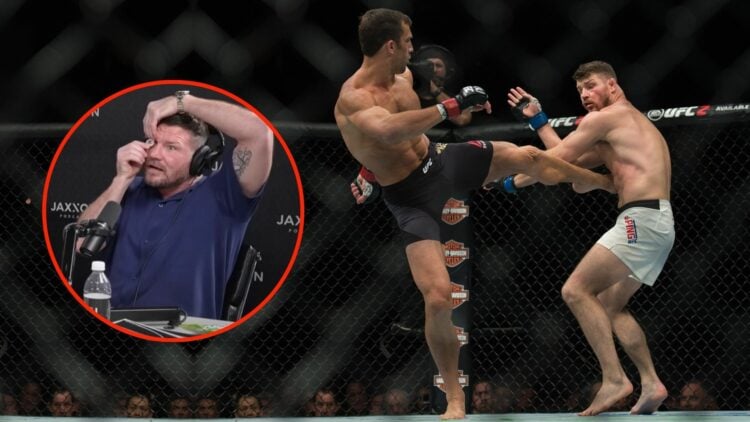 Luke Rockhold kicks Michael Bisping in their middleweight championship bout.