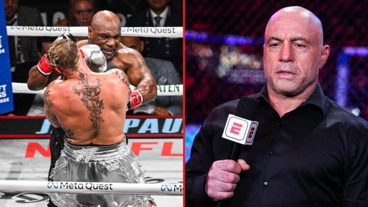 A still from Jake Paul vs Mike Tyson, and Joe Rogan looking on.