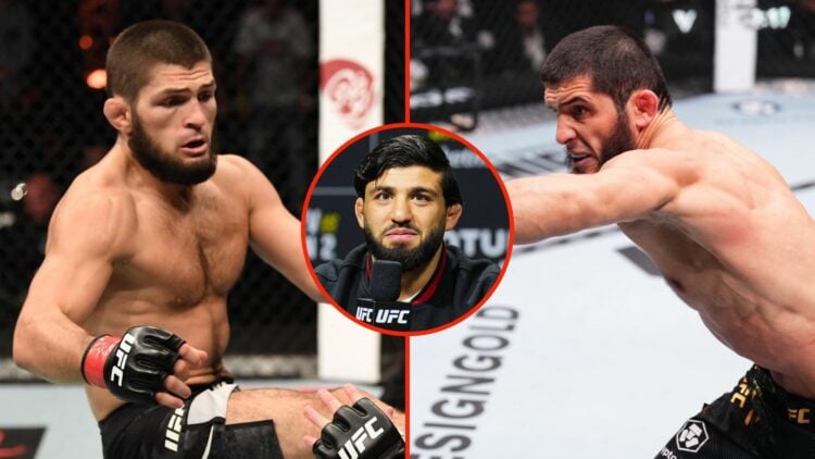 Arman Tsarukyan inset, and Khabib Nurmagomedov (fighting) and Islam Makhachev (fighting)