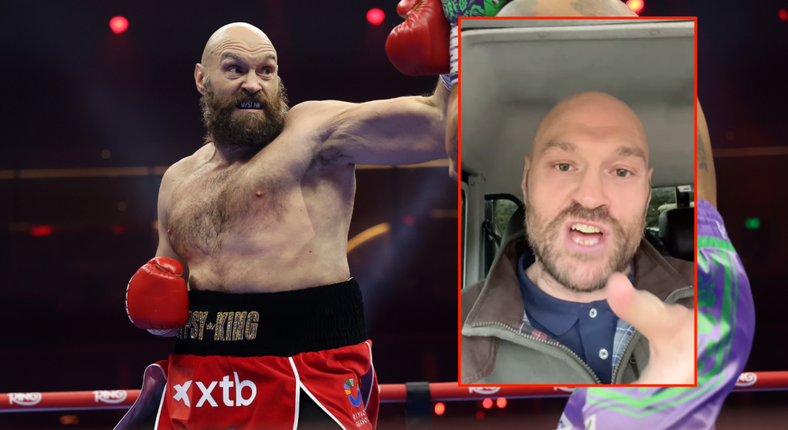 Tyson Fury boxing Oleksandr Usyk (left) and announcing his retirement from boxing (right box)