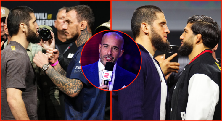 Pop out image of Islam Makhachev's UFC 311 face-offs with Moicano and Tsarukyan, alongside Jon Anik at UFC 296