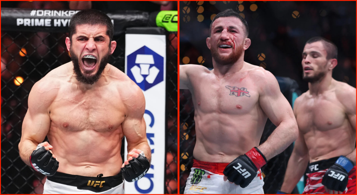 Side by side of Islam Makhachev, Merab Dvalishvili and Umar Nurmagomedov at UFC 311
