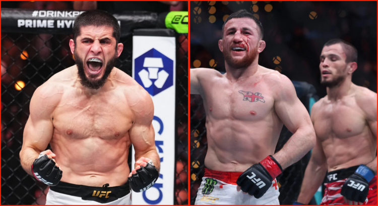 Side by side of Islam Makhachev, Merab Dvalishvili and Umar Nurmagomedov at UFC 311