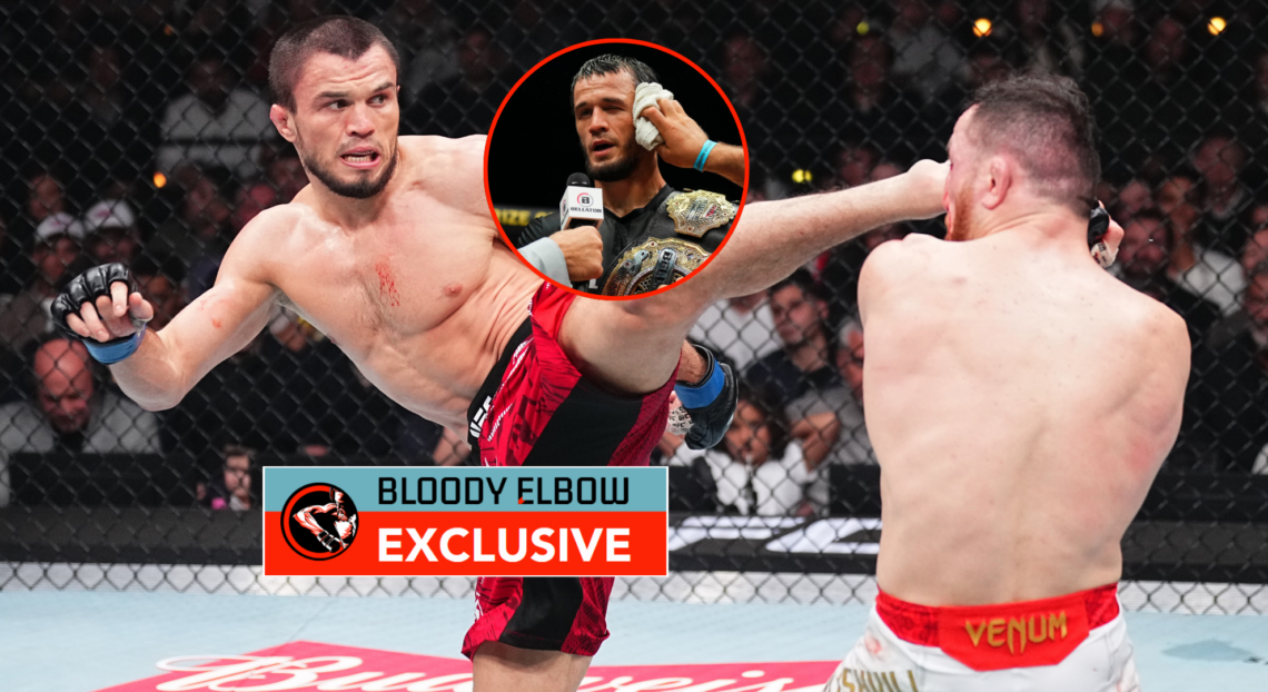 Umar Nurmagomedov kicks Merab Dvalishvili with a bubble showing his brother Usman Nurmagomedov