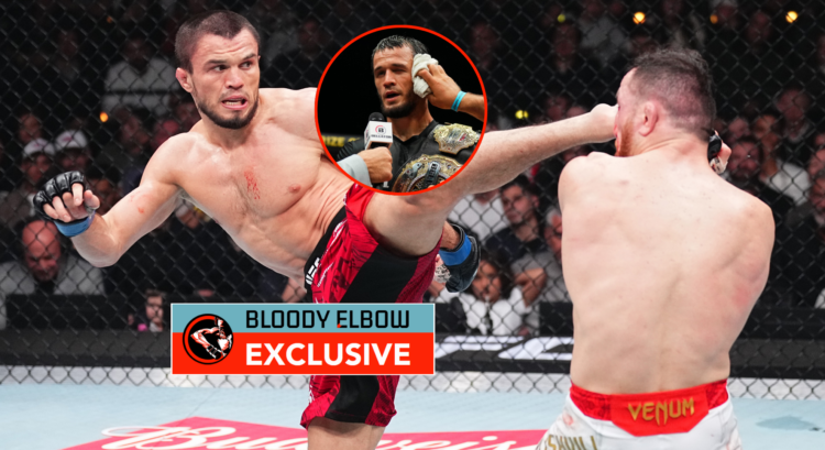 Umar Nurmagomedov kicks Merab Dvalishvili with a bubble showing his brother Usman Nurmagomedov